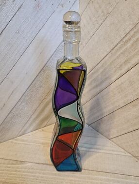 NEW Ganz Multi Coloured Wavy Glass Bottle With Glass Stopper